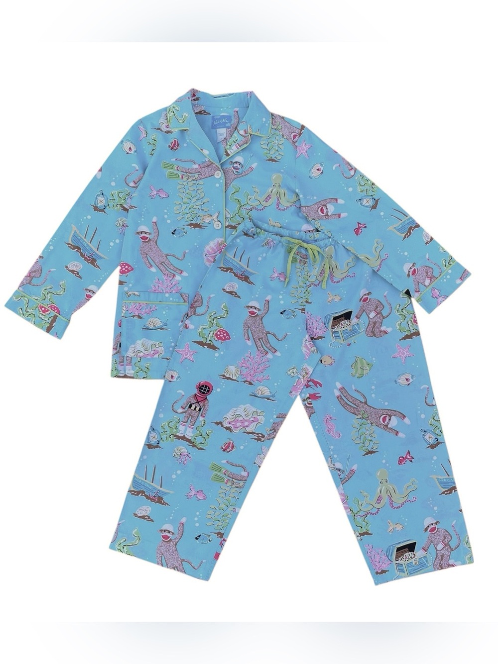 Vintage Y2K Nick & Nora Scuba Sock Monkey Cotton Pajama Set Size Small Novelty